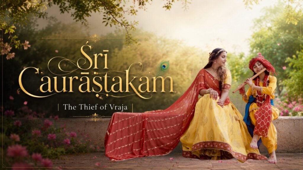 Poster for Śrī Caurāṣṭakam – The Thief of Vraja: gold title with peacock feather left; two performers in traditional dress at right, one playing a flute in a sunlit garden setting; testing.