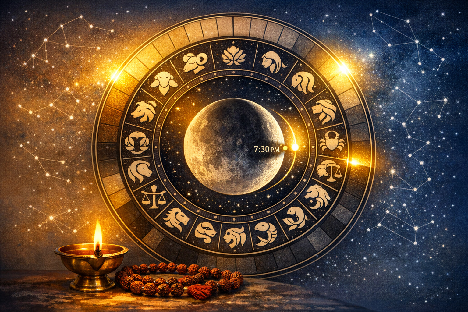 Golden zodiac wheel around a moon labeled 7:30 PM, set against starry constellations; a brass oil lamp and rudraksha beads rest below—symbolic of astrology, horoscope timing, and {post.categories}