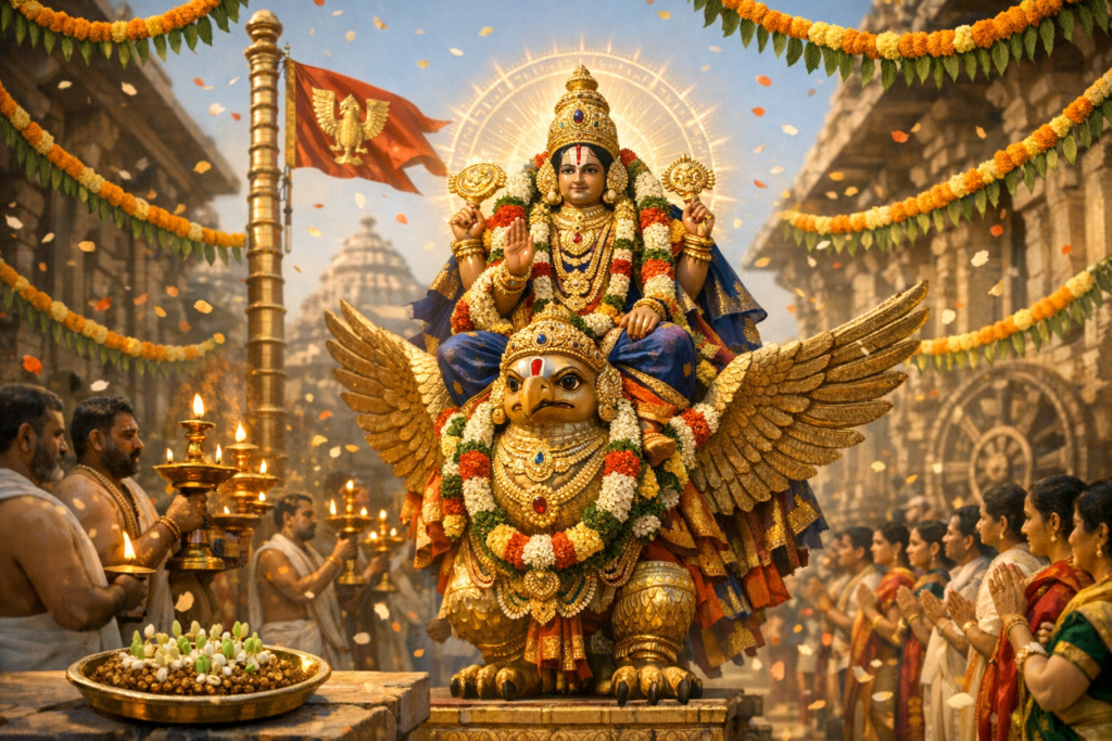 Hindu temple festival procession: Lord Vishnu on Garuda, draped in garlands and jewels with a halo. Priests lift aarti lamps as devotees pray beneath marigold festoons and falling flower petals.