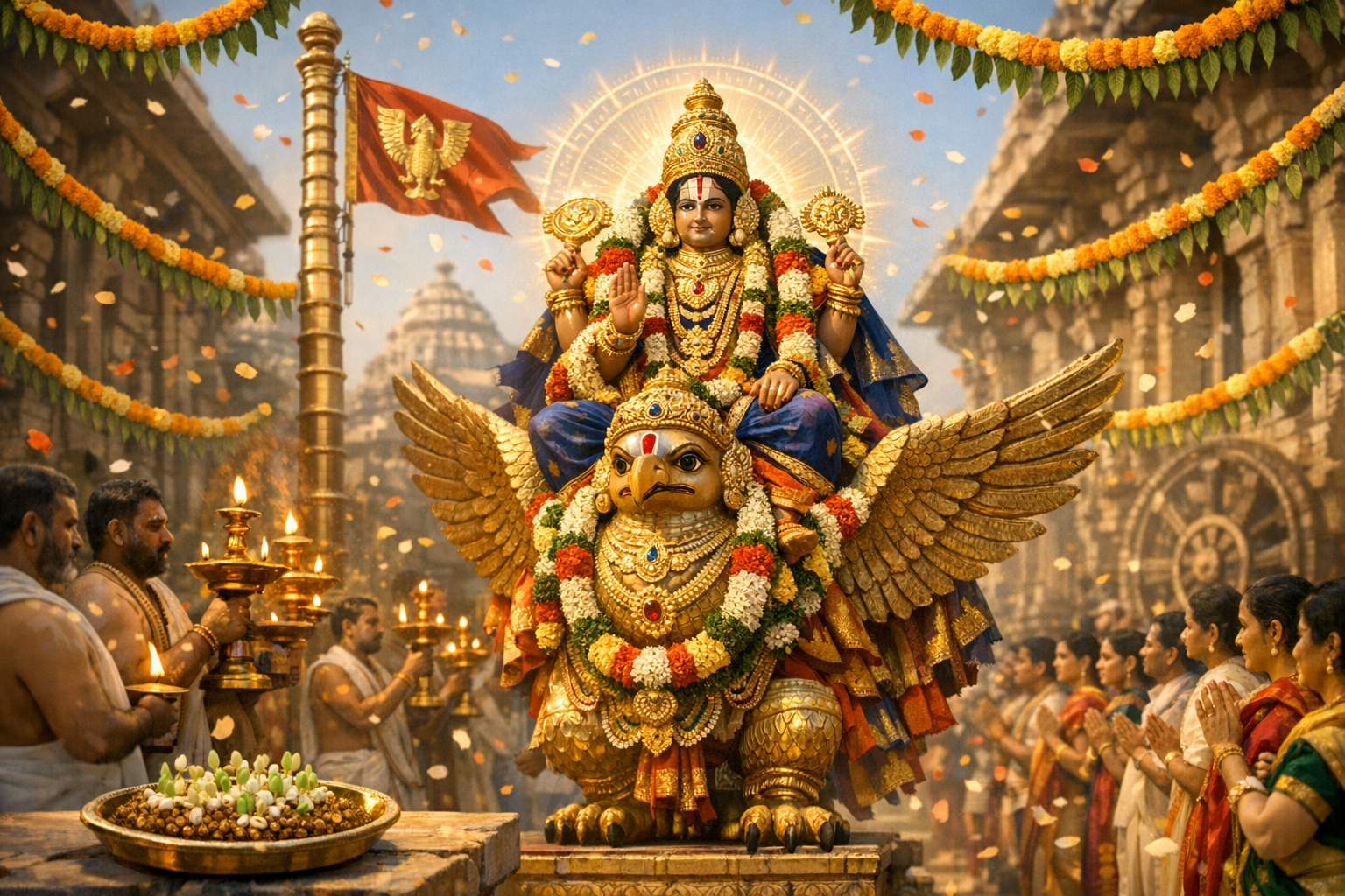 Hindu temple festival procession: Lord Vishnu on Garuda, draped in garlands and jewels with a halo. Priests lift aarti lamps as devotees pray beneath marigold festoons and falling flower petals.