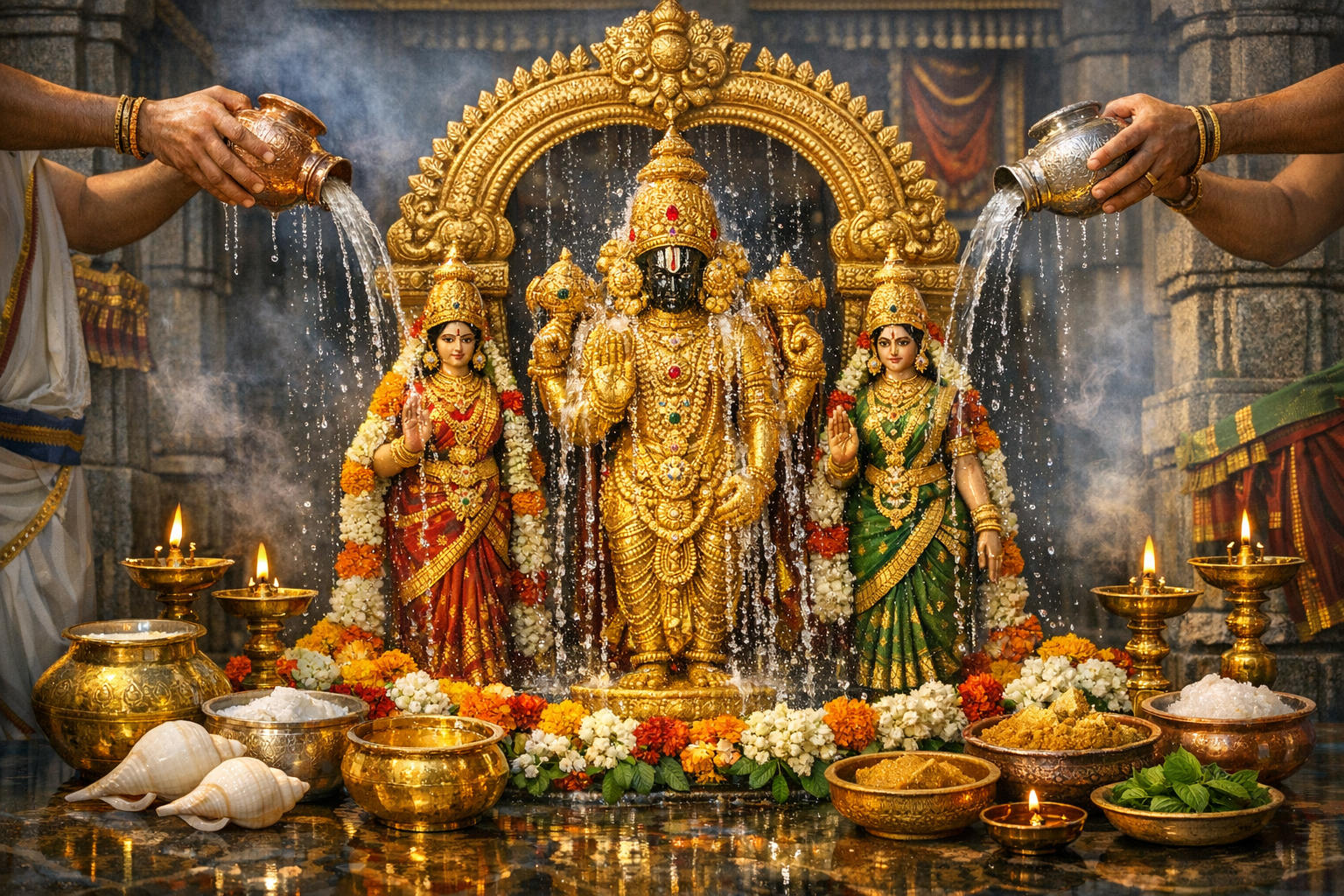 Golden Hindu deity statues during abhishekam; water poured from metal kalash vessels, garlanded with jasmine and marigolds, surrounded by brass lamps, conch shells, sweets, herbs, and other offerings.