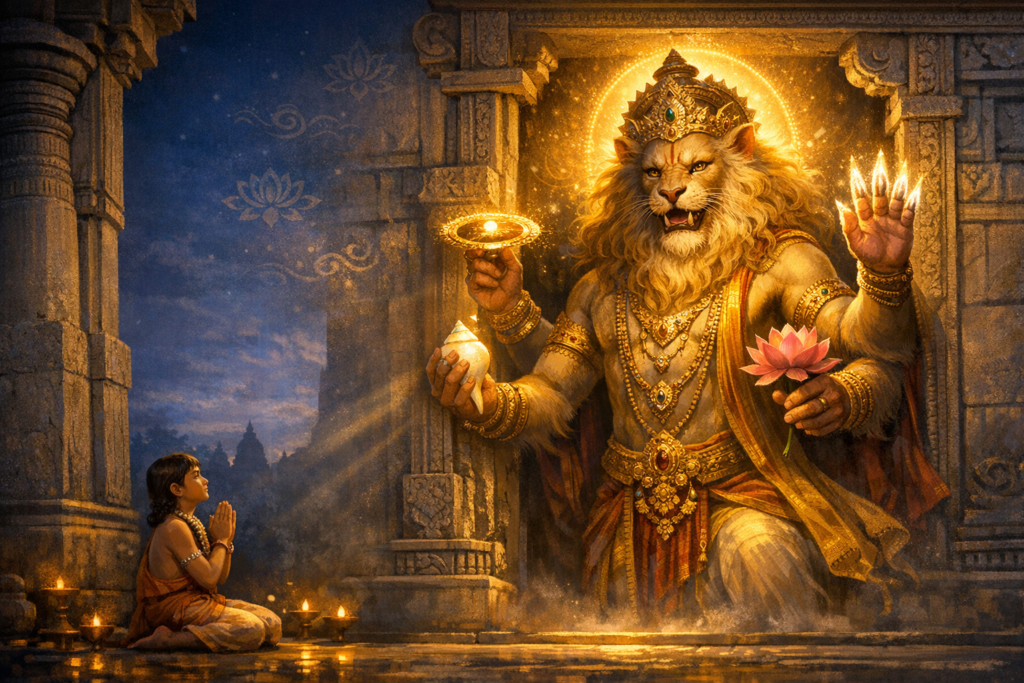Detailed painting of Narasimha, lion-headed avatar of Vishnu, radiant in a stone temple, holding chakra, conch, and lotus, blessing a kneeling child devotee amid dusk lamps and golden light.