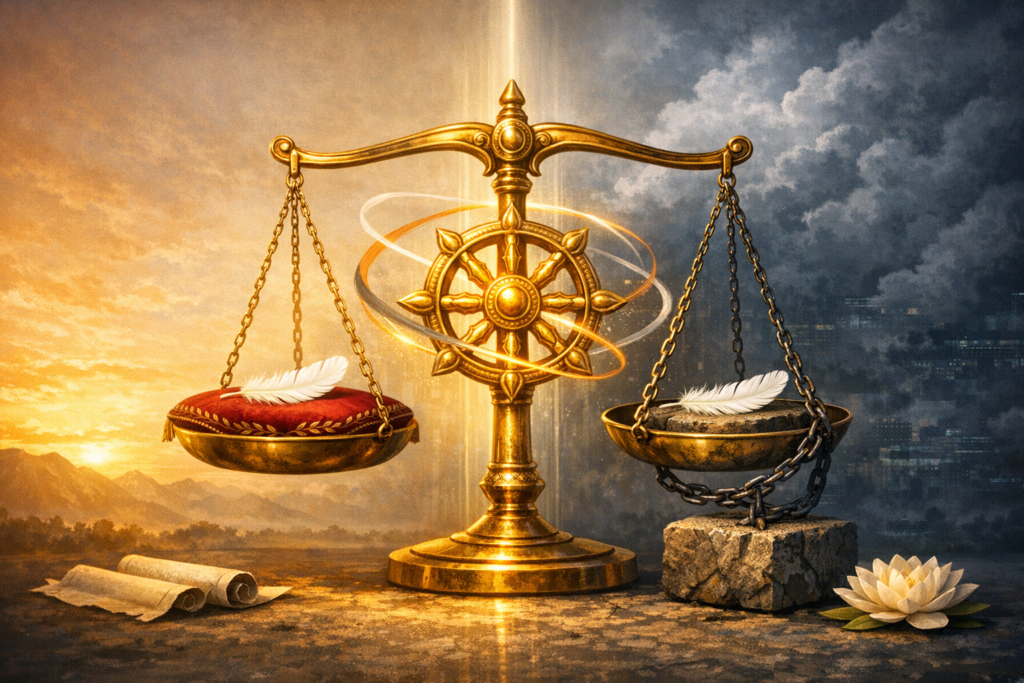 Golden scales with a spoked dharma wheel at center stand between sunrise and storm; left pan holds a red cushion and feather, right a chained stone and feather, with a white lotus below.