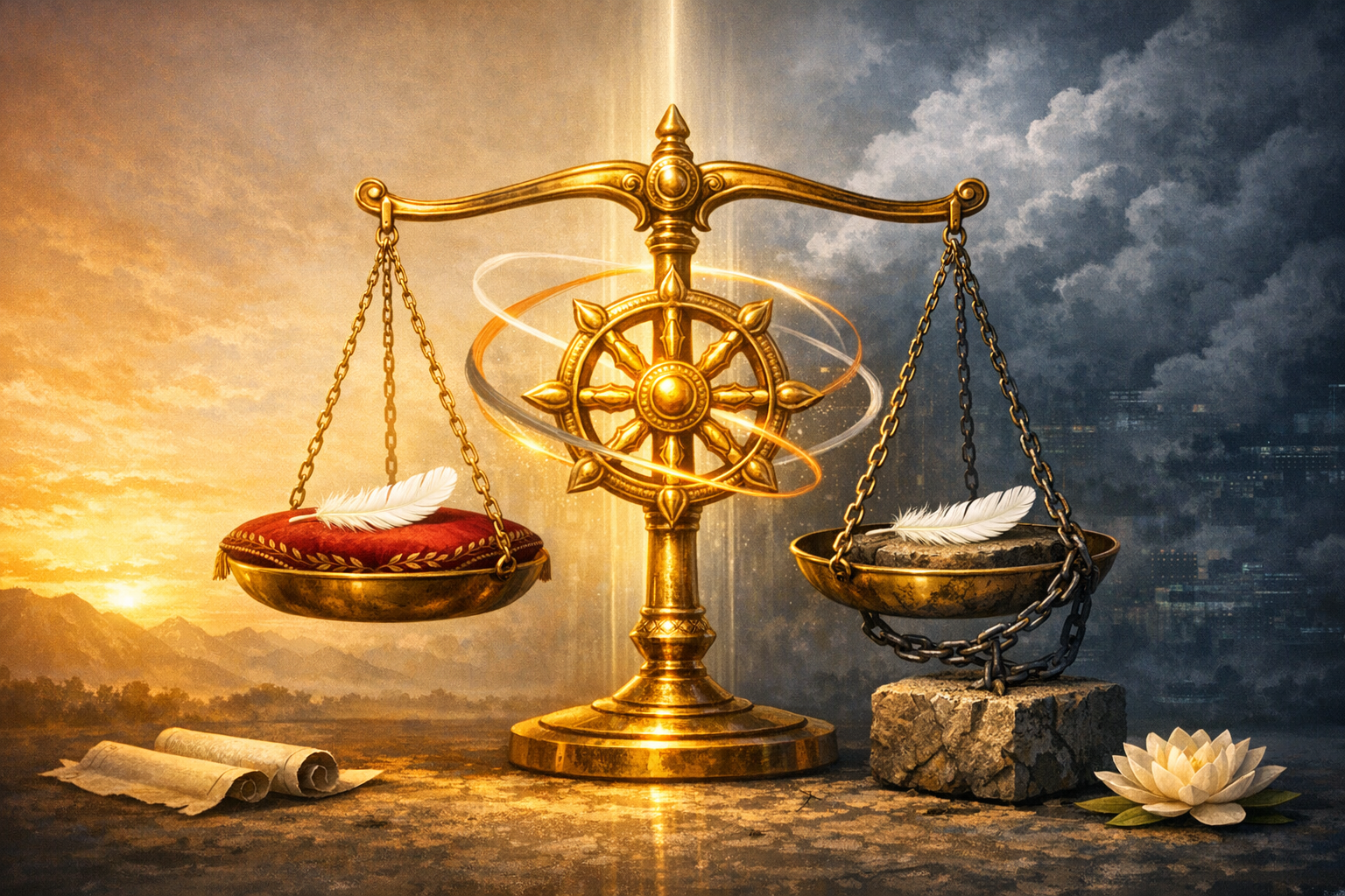 Golden scales with a spoked dharma wheel at center stand between sunrise and storm; left pan holds a red cushion and feather, right a chained stone and feather, with a white lotus below.