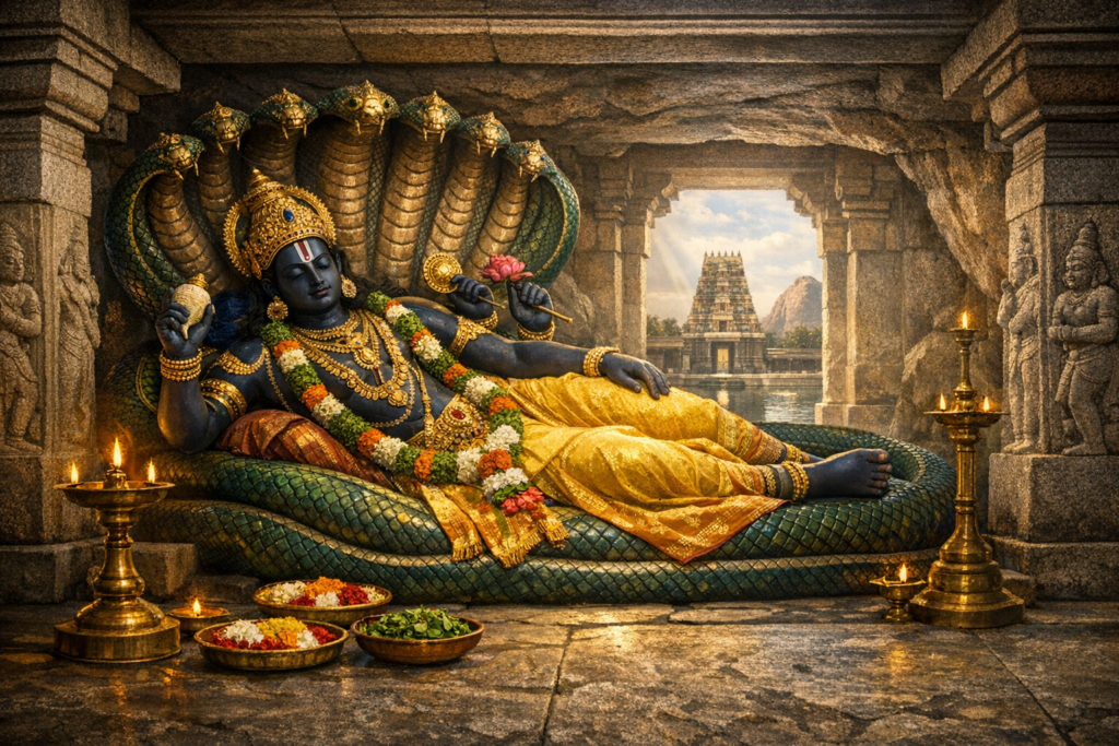 Vishnu reclines on the serpent Adishesha inside a carved stone temple, wearing gold silk and flower garlands. Brass oil lamps and offerings glow; a sunlit gopuram and temple tank gleam beyond.