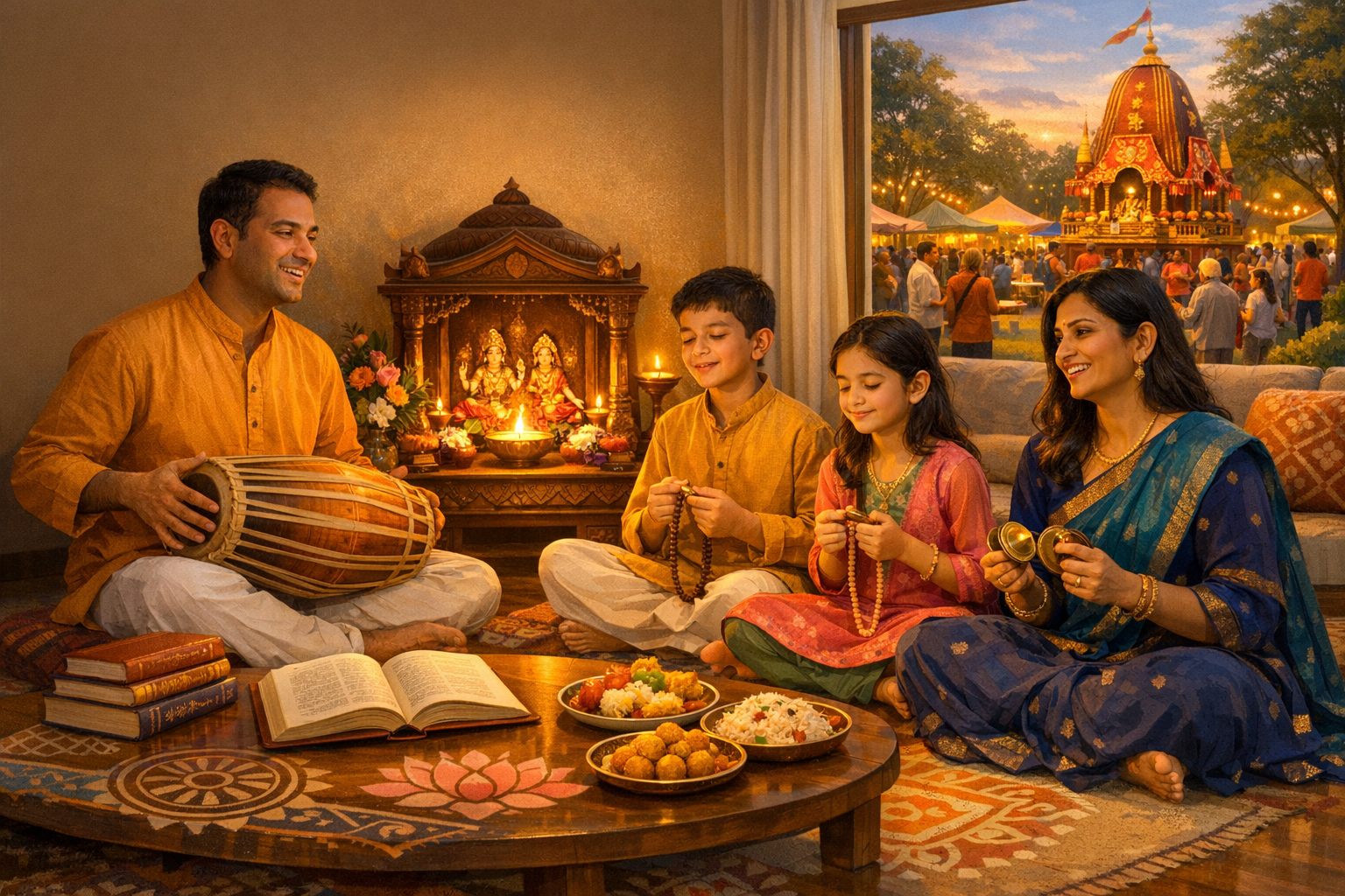 A family in traditional Indian attire performs evening puja at a home altar with diyas, prayer beads, mridanga, and sweets, while a decorated chariot festival procession passes outside the window.