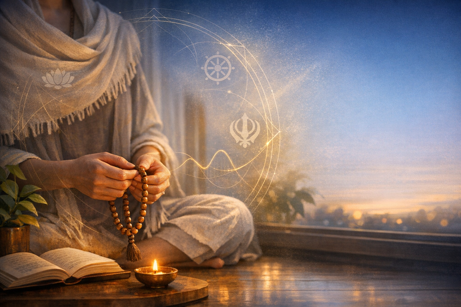Person seated by a window at sunrise, turning wooden prayer beads during meditation beside an open book and a small candle; soft golden geometric motifs and sacred symbols glow in the air.