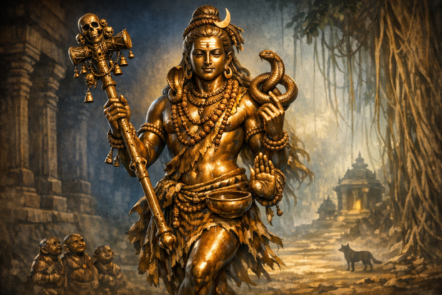Bronze statue of Lord Shiva, staff with skulls in one hand and a bowl in the other, cobra on shoulder, crescent moon in hair, beads and tiger-skin wrap, amid temple ruins and banyan roots.