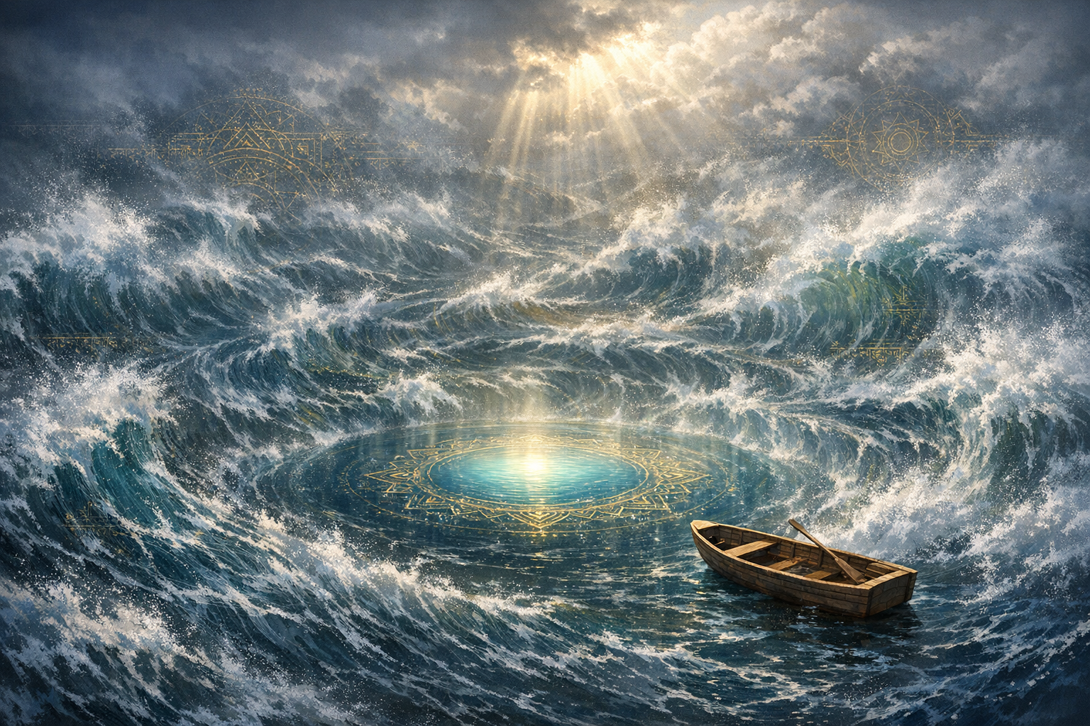 Empty wooden rowboat on a stormy ocean as sunbeams pierce clouds; foaming waves encircle a glowing, gold-etched mandala-like pool at center, blending rich seascape detail with a calm circular pattern.