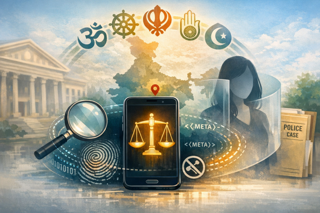 Illustration showing smartphone with scales of justice, courthouse, India map, religious symbols, fingerprint, magnifying glass, police file, and woman behind privacy shield, evoking social media law.