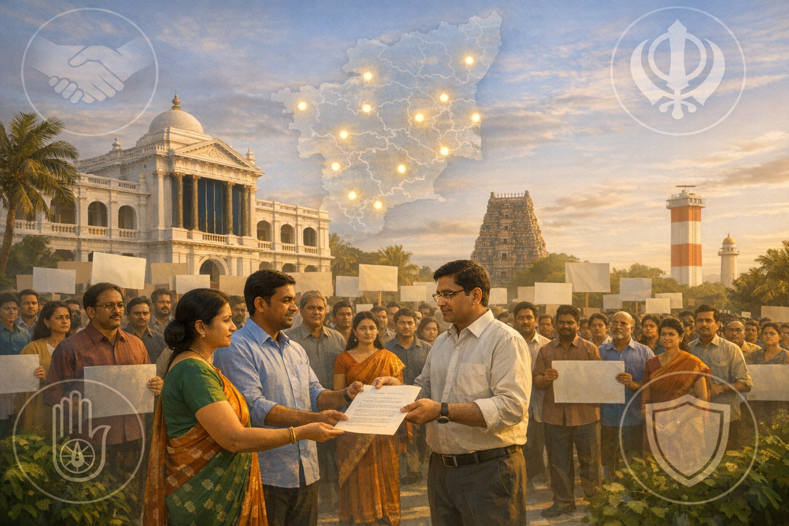 Chennai citizens hand a petition to an official; a Tamil Nadu map glows above and a crowd holds placards before historic landmarks — for {post.categories}