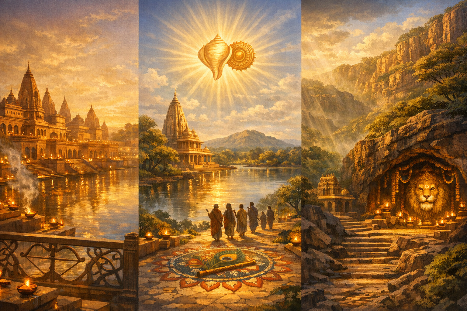 Triptych of riverside Indian temples at golden hour: rows of diyas reflect on water, pilgrims pass a rangoli and peacock feather, a radiant conch and chakra above, and a lion-faced deity in a cave.