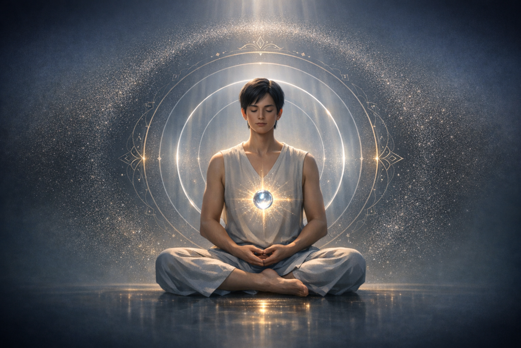 Digital artwork of a person meditating in lotus pose, eyes closed, with a glowing orb at the heart and concentric sacred circles, symbolizing mindfulness, energy healing, yoga, and inner peace.