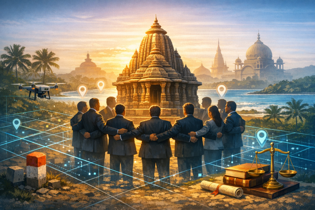 Professionals stand arm-in-arm before a sunlit stone temple, with gridlines, map pins, and a drone; law books and scales suggest land acquisition, GIS mapping, and heritage rules.