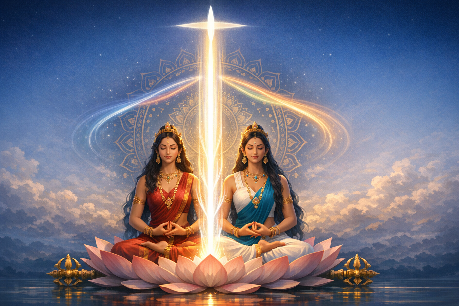 Two serene women in ornate saris meditate cross‑legged atop a giant lotus on calm water, eyes closed, while a radiant vertical beam and swirling light arc rise before a celestial mandala at dusk.