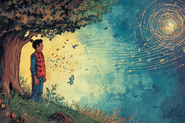Illustration of a person under a tree on a grassy hill, watching birds and spiral light trails like sound waves, inviting listening, silence, stillness, and nada yoga practice to feel more present.
