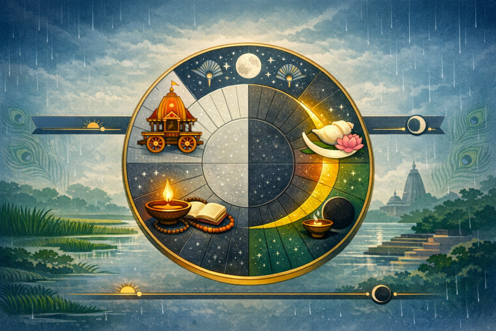 Illustrated lunar calendar wheel with moon phases, chariot, conch and lotus, oil lamps, beads and scripture, set by a rainy riverside temple with peacock motifs—symbolizing {post.categories}.