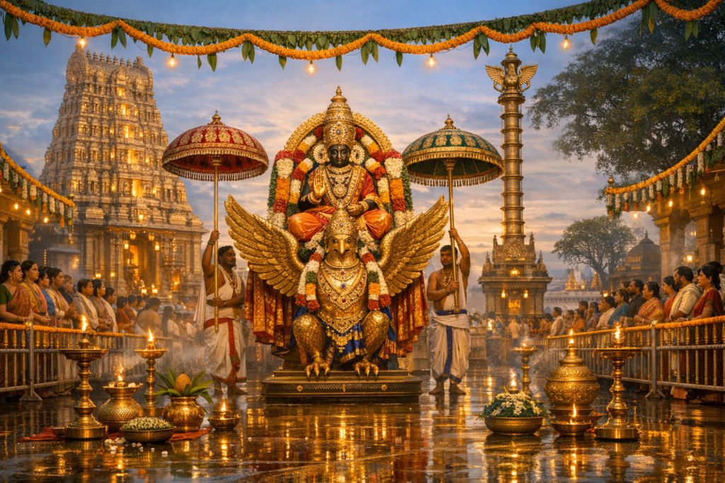 Temple courtyard during a Hindu festival: deity on Garuda flanked by priests with parasols, oil lamps and brass vessels glowing, South Indian gopuram and flagpole behind, devotees in prayer.