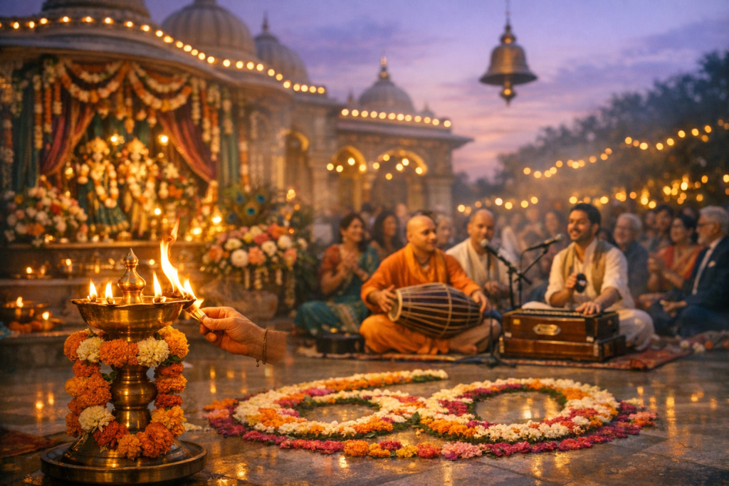 Evening temple ceremony with aarti lamp, marigold garlands, and musicians on harmonium and drum beside a floral 60, as attendees gather under warm string lights and a hanging bell.