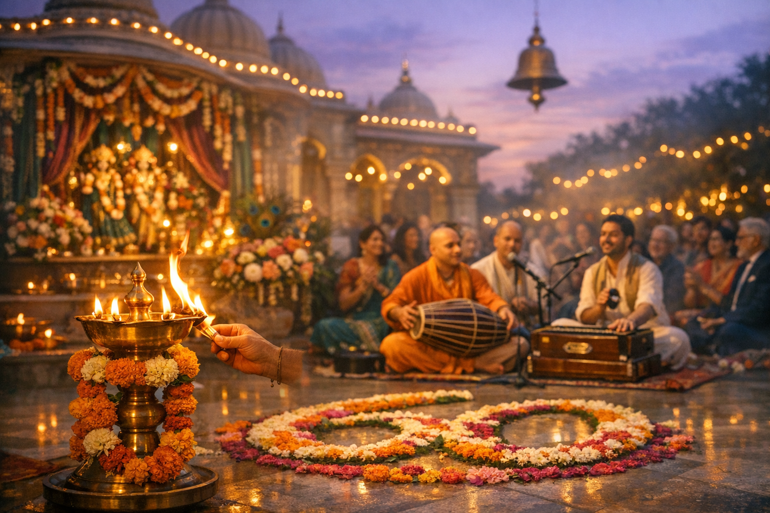 Evening temple ceremony with aarti lamp, marigold garlands, and musicians on harmonium and drum beside a floral 60, as attendees gather under warm string lights and a hanging bell.