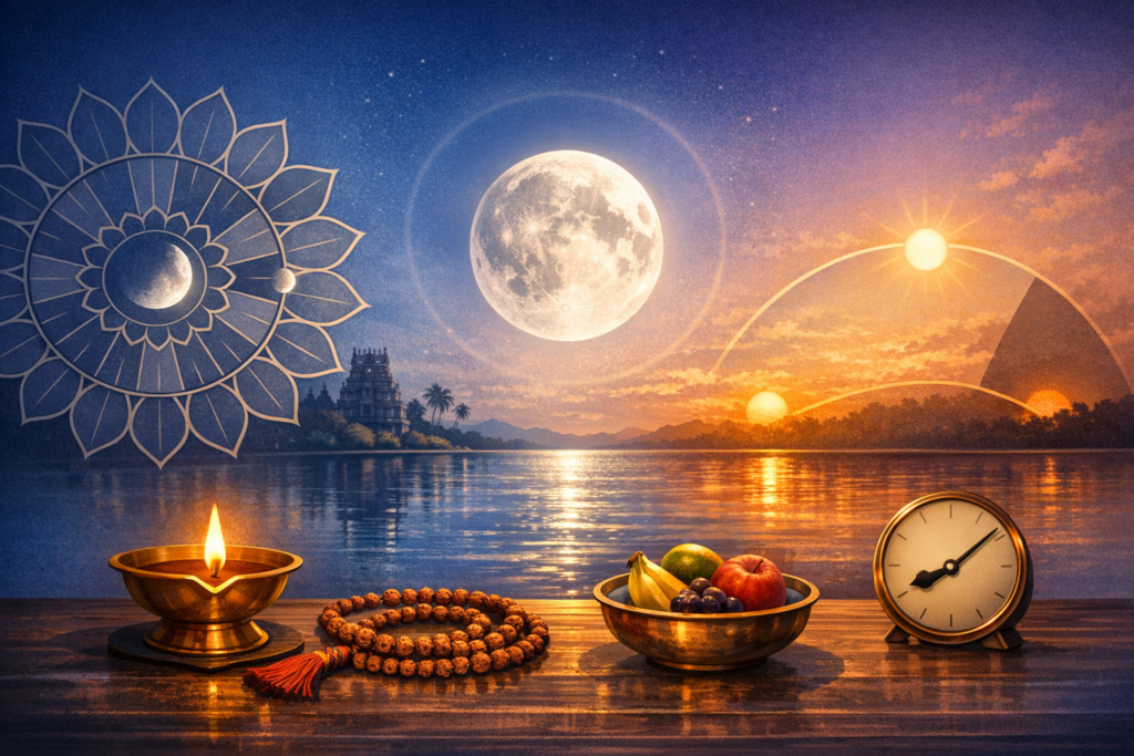 Brass diya, rudraksha mala, and fruit bowl on a wooden altar by a riverside temple at dusk; a full moon, sun path, and mandala depict lunar and solar cycles for muhurta, vrat, and auspicious timing.