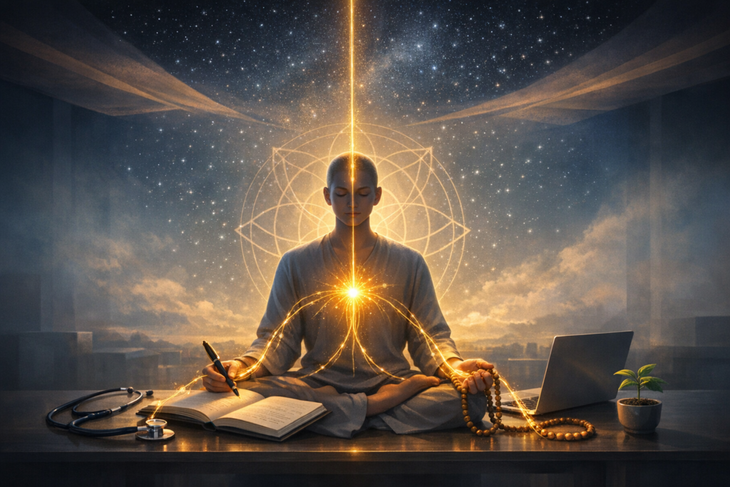 Calm figure meditating at a desk as golden energy links heart and mind, set amid sacred geometry and stars; journal, stethoscope, laptop, beads, and a plant suggest wellness, {post.categories}.
