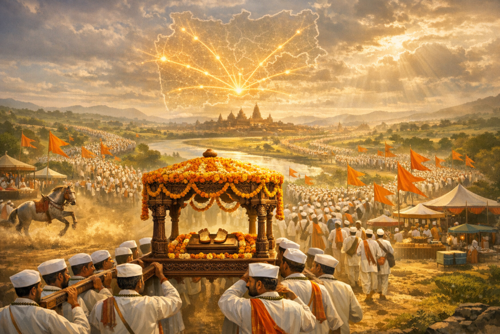 Large pilgrimage procession carries a marigold-draped palanquin with sacred sandals; saffron flags wave, tents and a horse line the path, a riverside temple city ahead, and a radiant network map above.