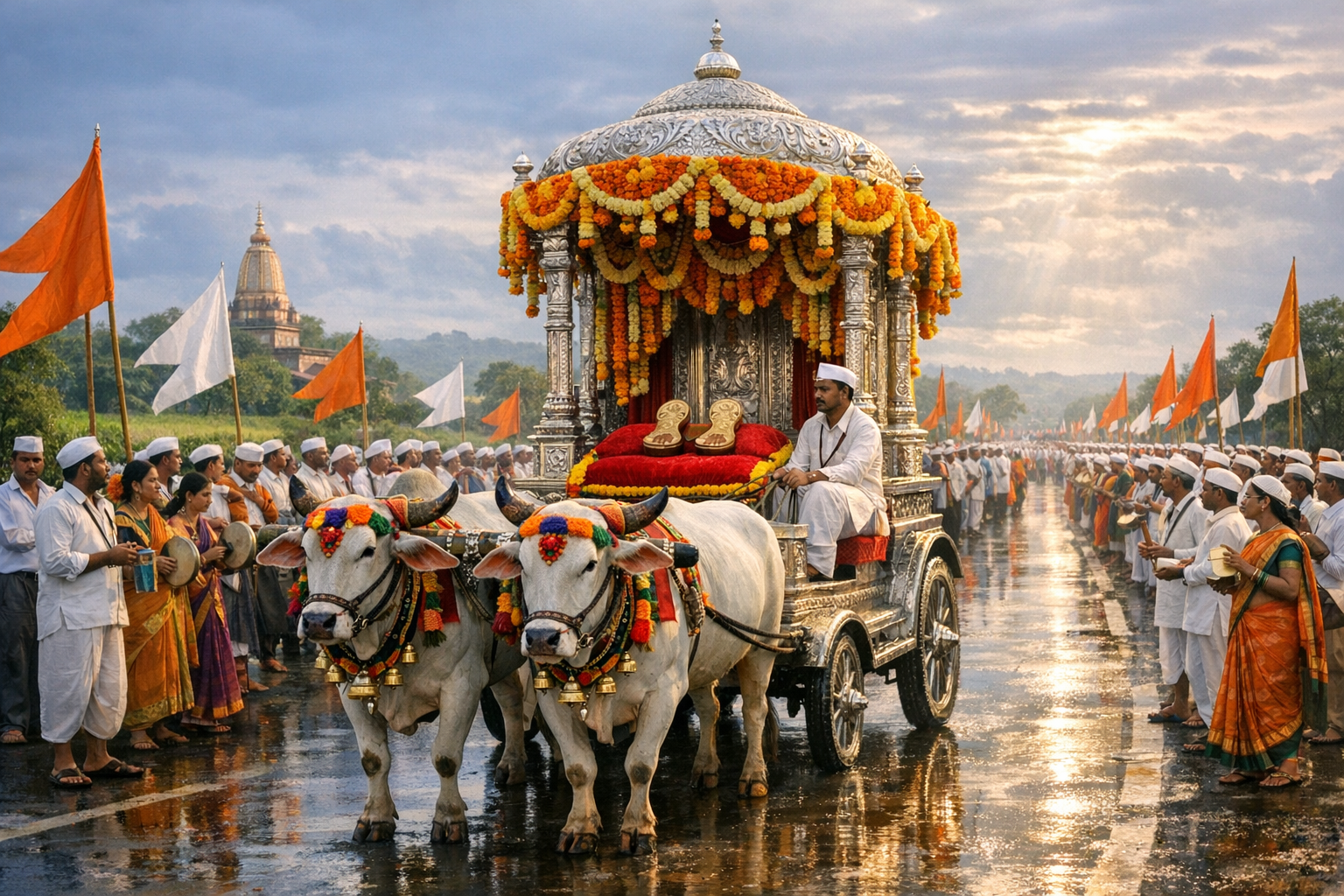 Decorated bullocks pull a silver chariot draped in marigolds along a rain-wet road as pilgrims in white line the route with saffron flags, a distant temple behind—religious festival in India.