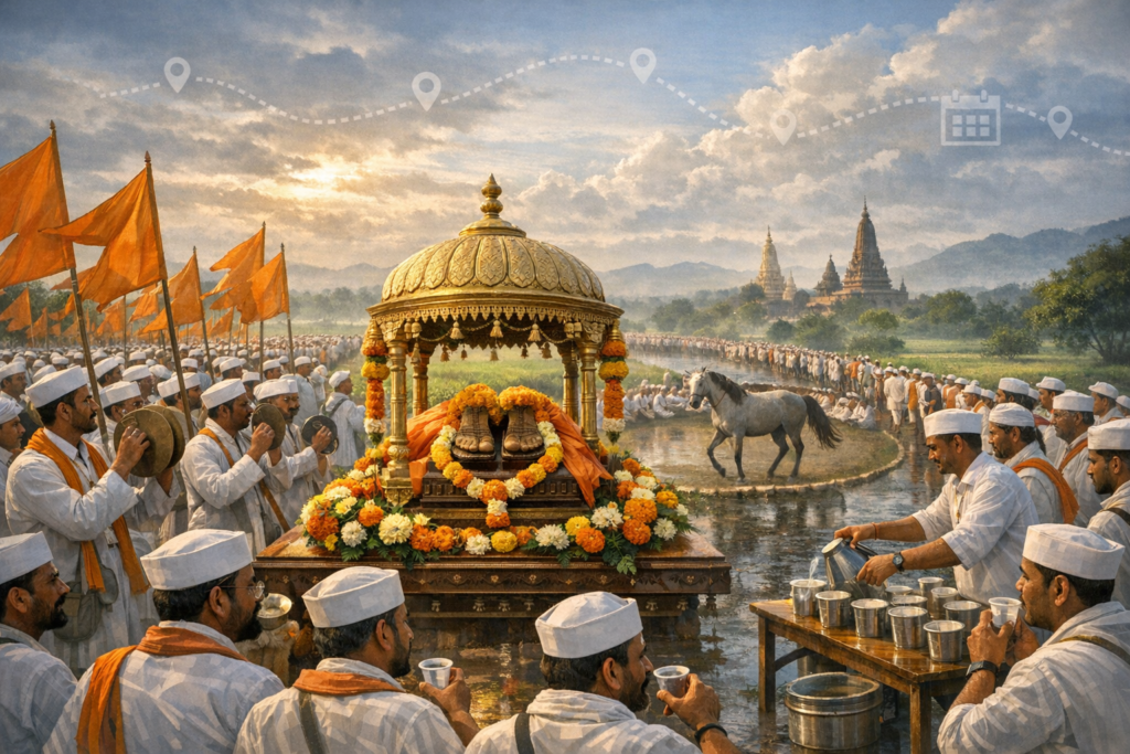 Devotional procession crosses a shallow stream around a garlanded golden palanquin with sacred sandals, white-clad pilgrims, saffron flags, cymbals, a gray horse, and distant temples at sunrise.