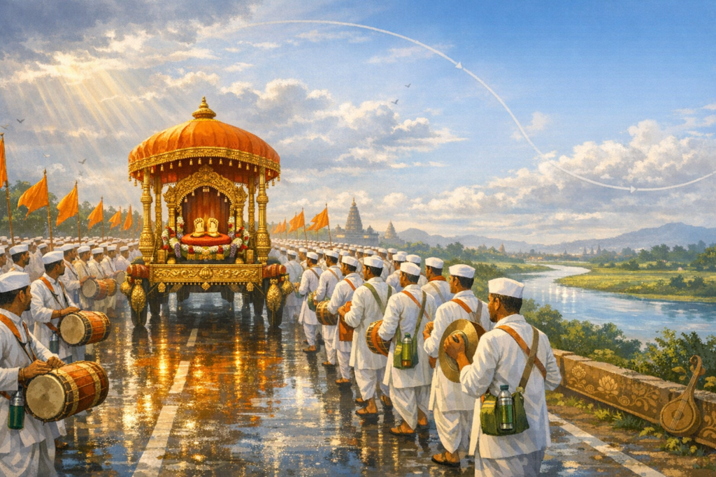 Pilgrims in white escort a gilded chariot bearing symbolic sandals under an orange canopy, with drums, cymbals, and saffron flags on a rain-wet road beside a wide river — {post.categories}.