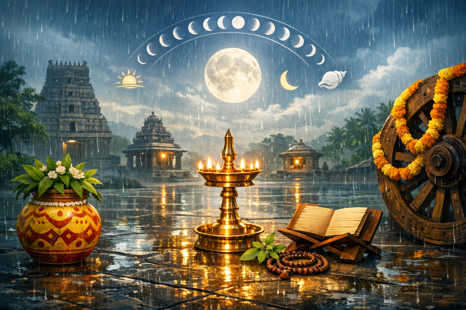 Rain-soaked South Indian temple courtyard with a glowing brass deepam, decorated kalash, sacred book and prayer beads, a garlanded wooden chariot wheel, and moon phases arcing around a full moon.