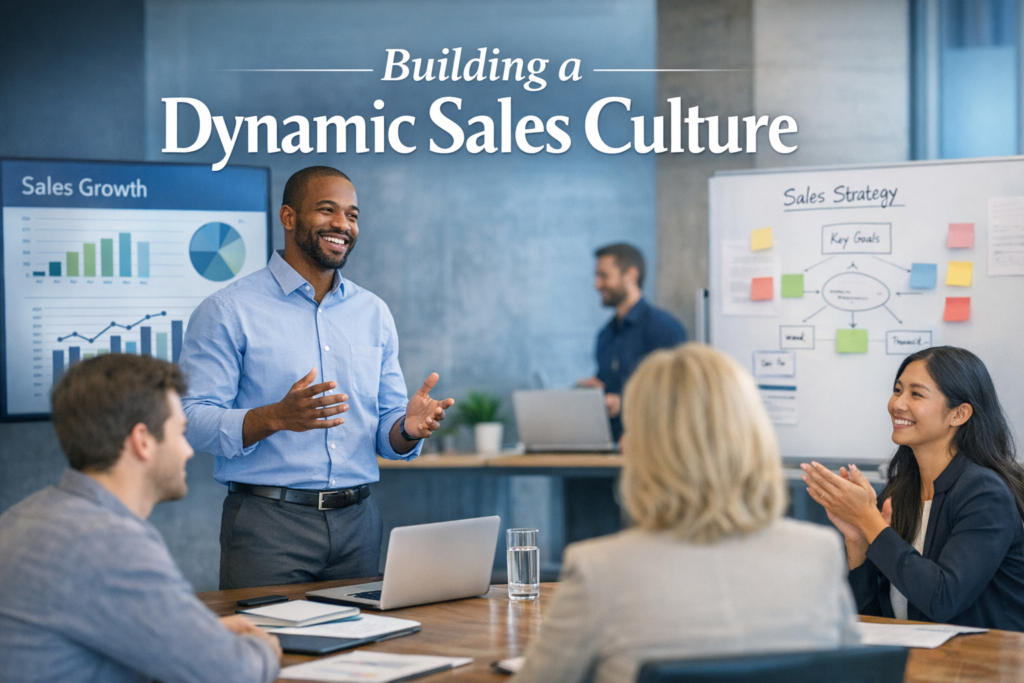 Presenter leads a sales meeting in a modern office, with growth charts on a screen and a Sales Strategy whiteboard, as teammates listen and applaud; focus on sales culture, leadership, KPIs.