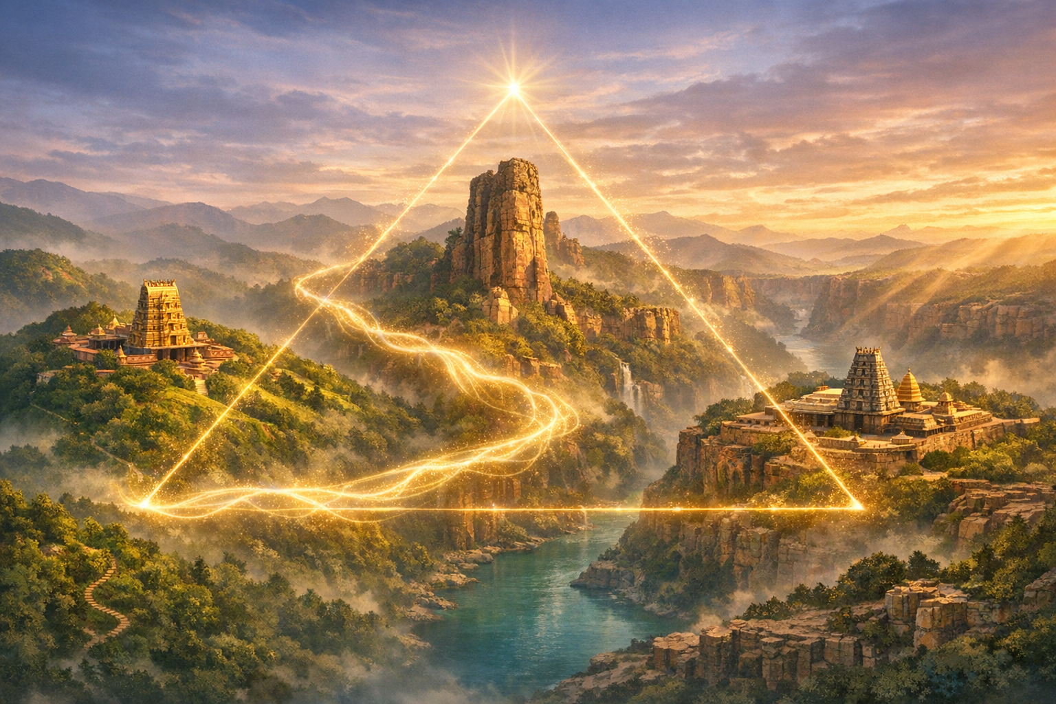 Digital artwork of a misty canyon at sunrise: three temple complexes on forested cliffs above a turquoise river, linked by a glowing golden triangle and swirling light, crowned by a star at the apex.