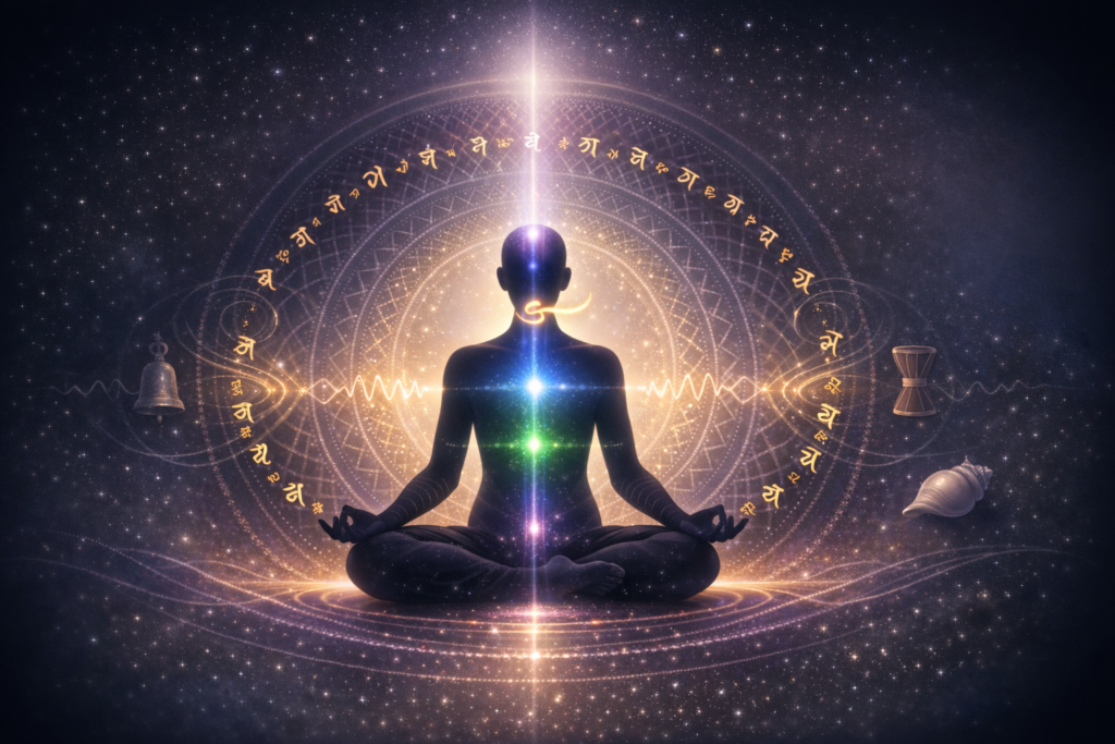 Silhouette meditating in lotus pose under a starry sky, chakras glowing along a vertical beam. Sacred geometry and mantra glyphs orbit the figure, evoking yoga, mindfulness, and sound healing.
