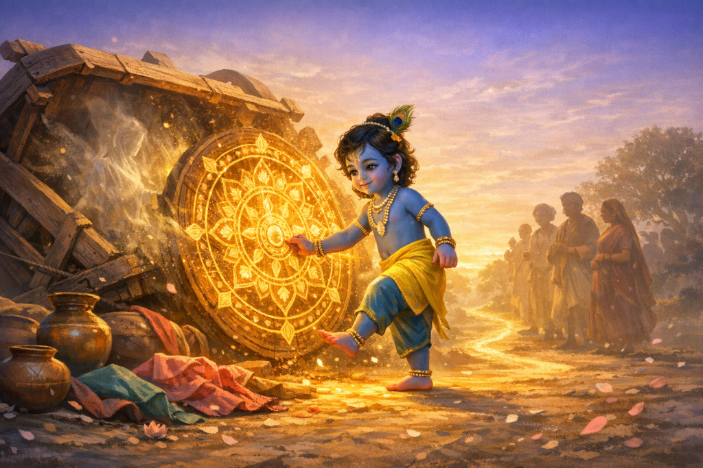 Illustration of baby Krishna, blue-skinned and bejeweled, kicking a radiant cart wheel in the Shakatasura tale of Hindu mythology, as villagers watch among pots, fabrics, and petals at sunrise.