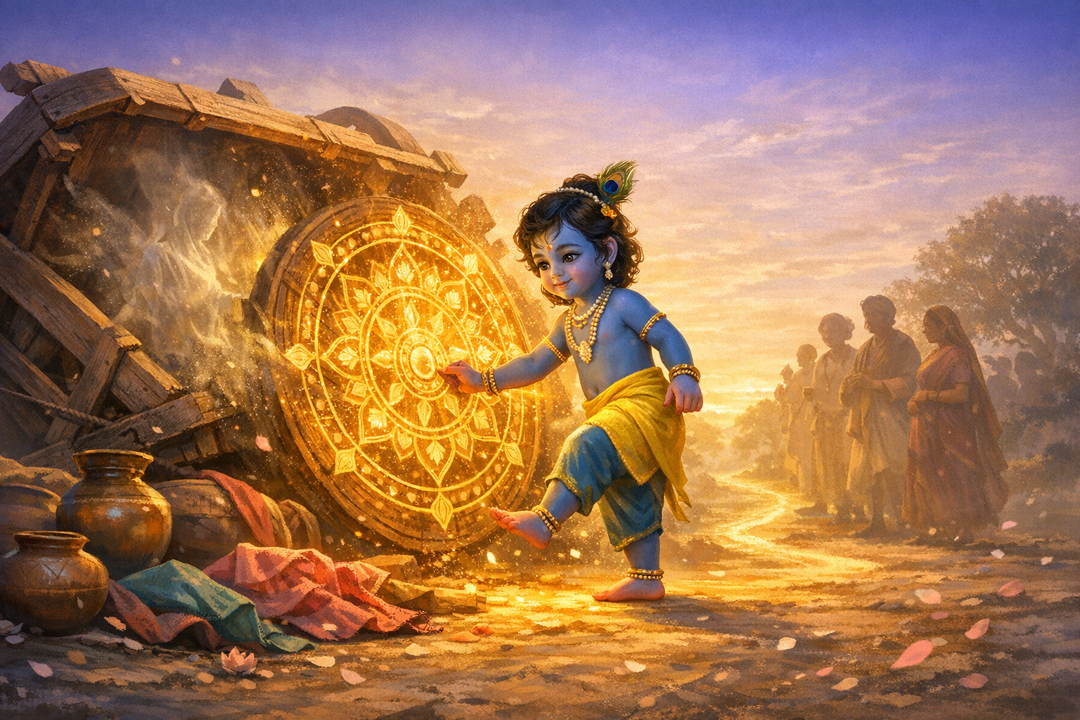 Illustration of baby Krishna, blue-skinned and bejeweled, kicking a radiant cart wheel in the Shakatasura tale of Hindu mythology, as villagers watch among pots, fabrics, and petals at sunrise.