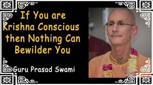 Quote graphic: yellow text reads 'If you are Krishna Conscious then nothing can bewilder you' on black; at right, a calm person in saffron attire with a flower garland; testing, Nectar.
