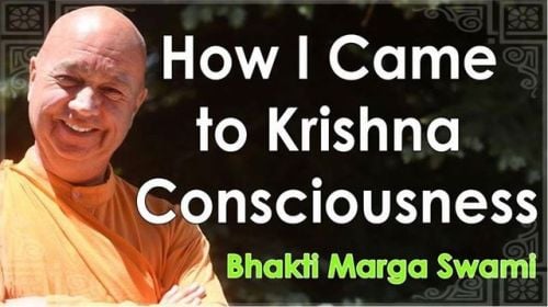 Smiling person in saffron robes beside the title How I Came to Krishna Consciousness on a dark frame; promo for a spiritual talk, built for accessibility, testing, and Nectar seekers.