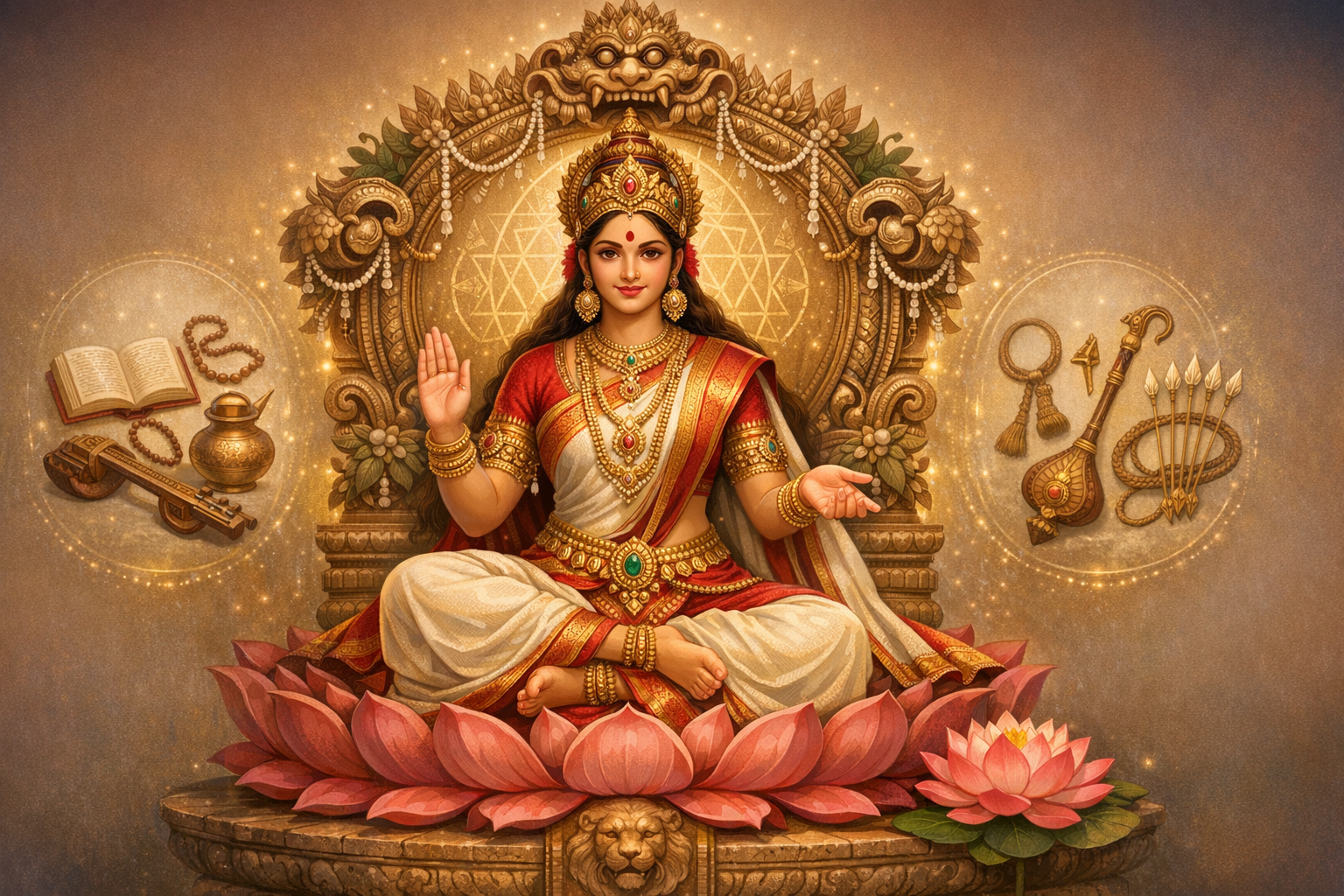Digital painting of a Hindu goddess on a pink lotus before a glowing Sri Yantra, flanked by a book, veena, pot, sugarcane bow and five arrows, symbols of knowledge, music, devotion and protection.