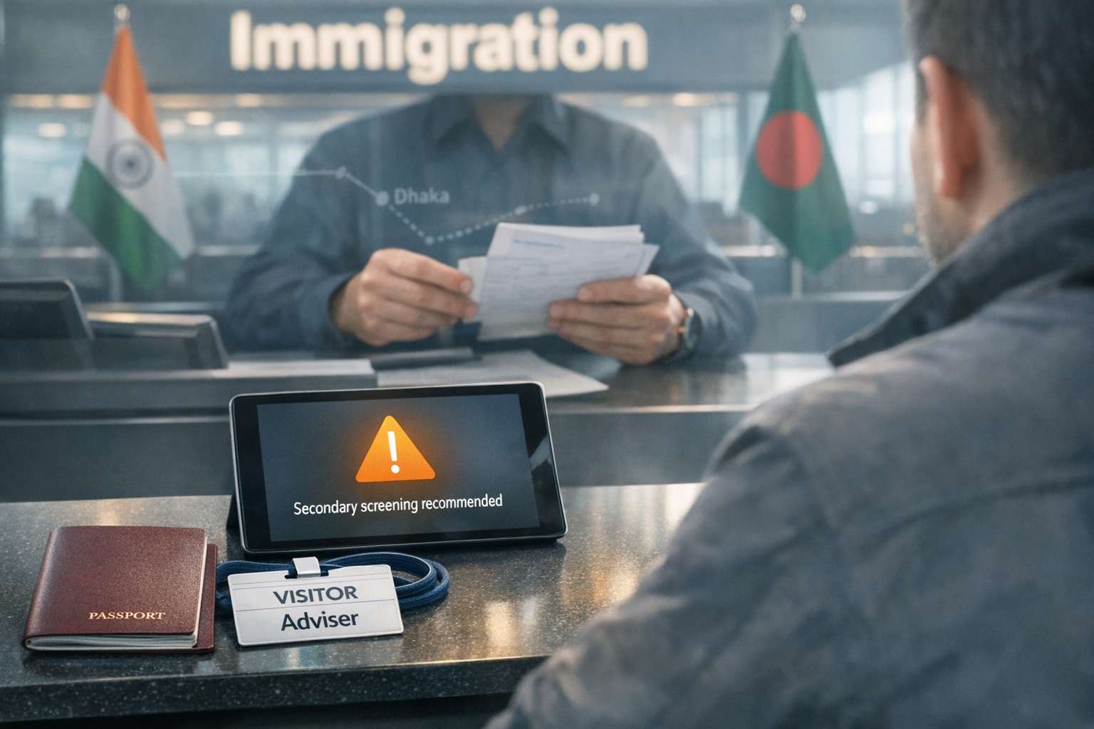 Airport immigration counter with tablet alert reading Secondary screening recommended; a passport and VISITOR Adviser badge lie on the desk as an officer reviews forms, with India and Bangladesh flags visible.