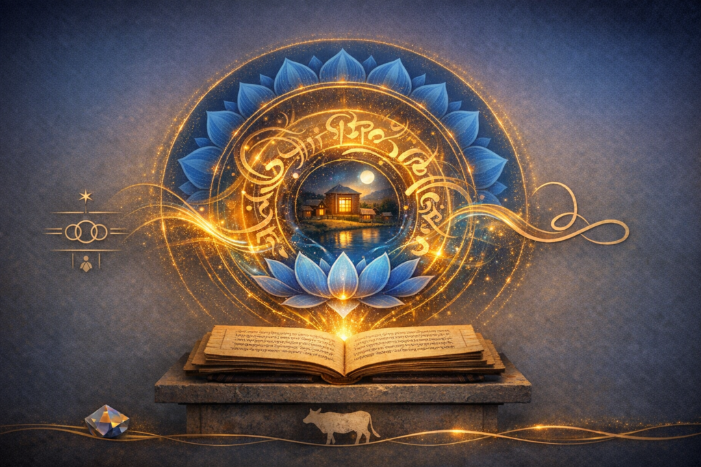 Illustration of an open ancient manuscript on a stone altar, sending golden swirls into a blue lotus mandala around a moonlit lakeside shrine—symbolizing spirituality, wisdom, and {post.categories}.
