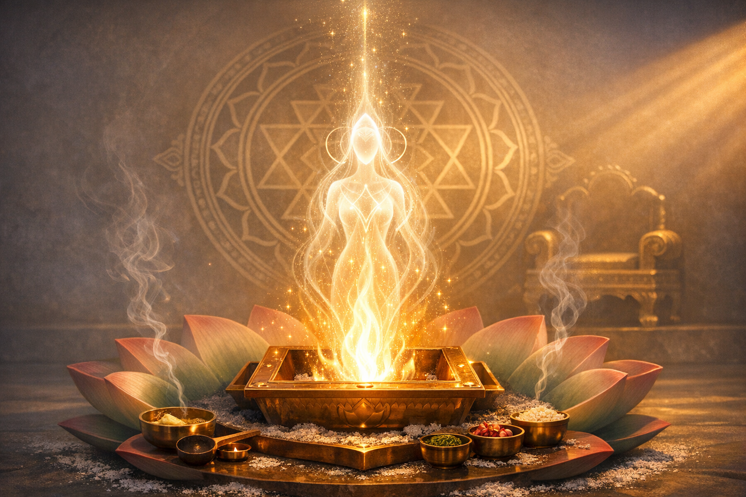 Golden feminine energy rising from a yajna fire altar on lotus petals, with brass bowls of offerings, curling incense smoke, and a yantra mandala and throne glowing in a warm background.