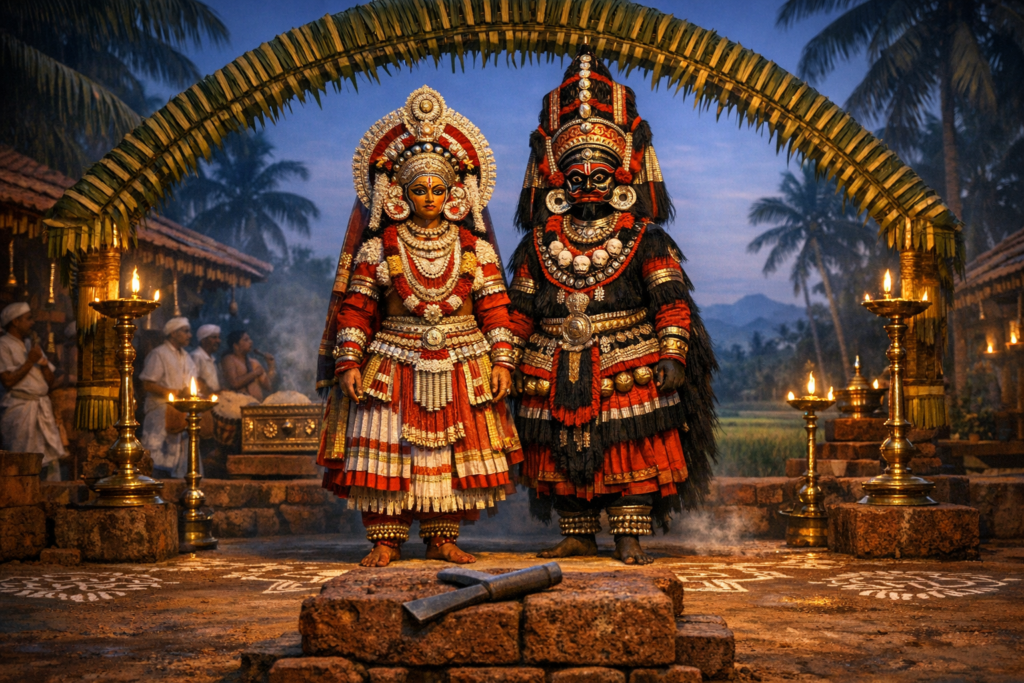Two Theyyam performers in ornate red, white and black regalia stand beneath a palm-leaf arch in a Kerala temple courtyard, ringed by brass oil lamps, villagers and kolam at dusk.