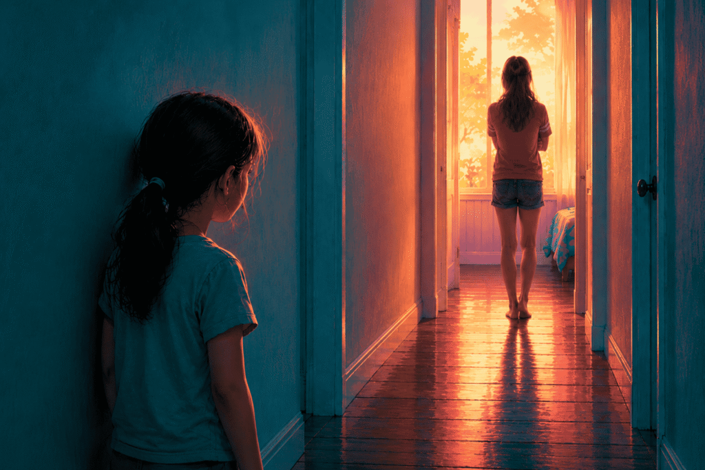 Two children in a dim hallway: a younger girl in shadow watches an older child at a sunlit window, symbolizing being ignored, emotional neglect, sibling conflict, relational trauma, and verbal abuse.