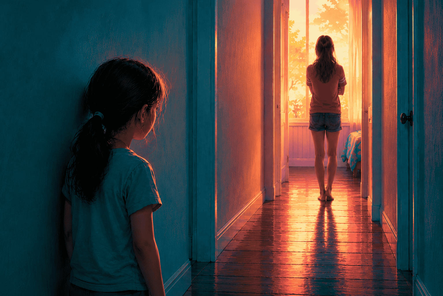 Two children in a dim hallway: a younger girl in shadow watches an older child at a sunlit window, symbolizing being ignored, emotional neglect, sibling conflict, relational trauma, and verbal abuse.