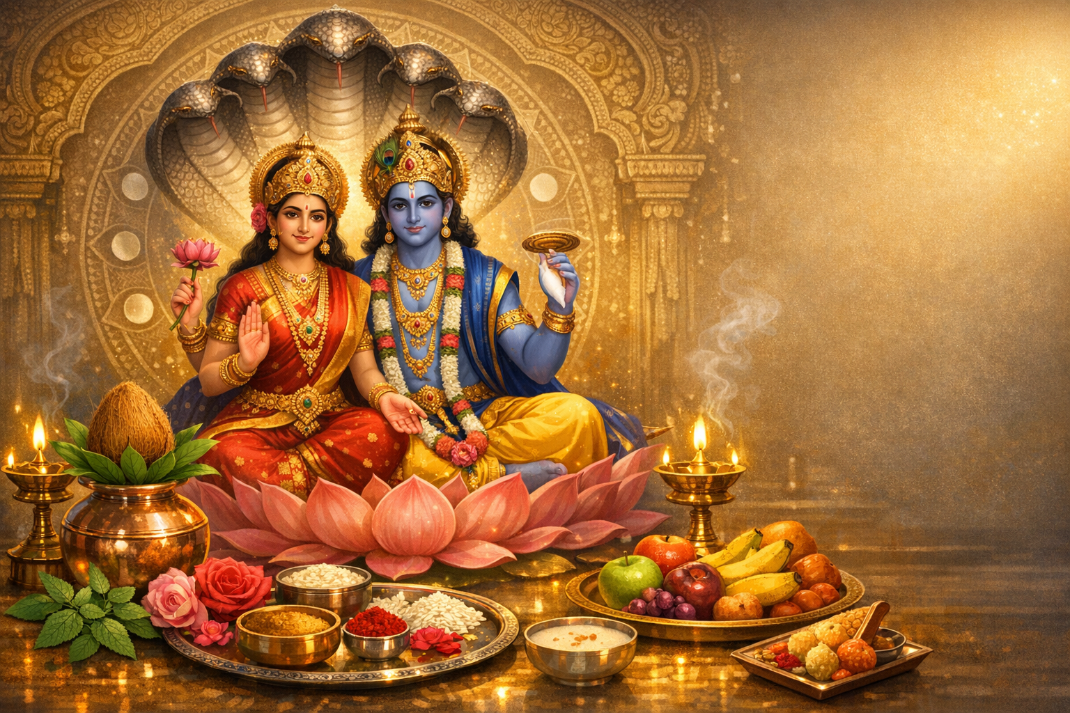 Illustrated scene of Lakshmi and Vishnu seated on a pink lotus with ornate halo, lamps, incense, and puja thali of fruits and sweets, symbolizing prosperity, devotion, and festive Hindu worship.