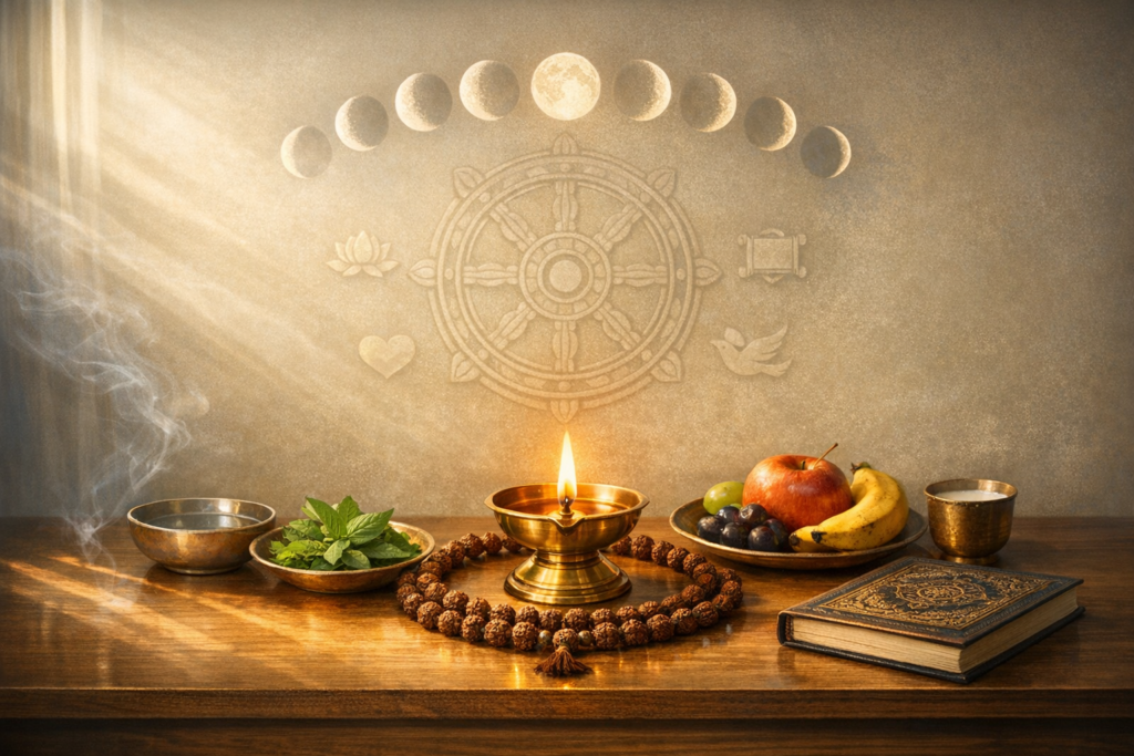 Sunlit altar on a wooden table with a brass oil lamp, Rudraksha mala, bowls of water and mint, fruit and milk offerings, and rising incense, beneath moon phases and a Dharma wheel.