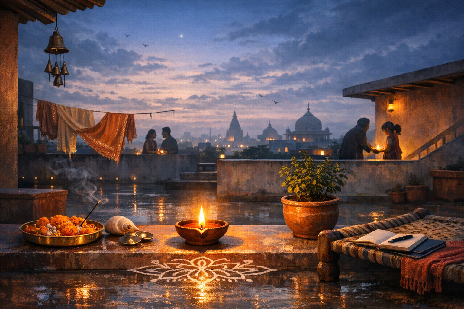 Rain-washed rooftop at dusk on Diwali: rows of diyas, marigold flowers, incense smoke, rangoli and a tulsi pot; families exchange lamps as temple domes glow across the city skyline.