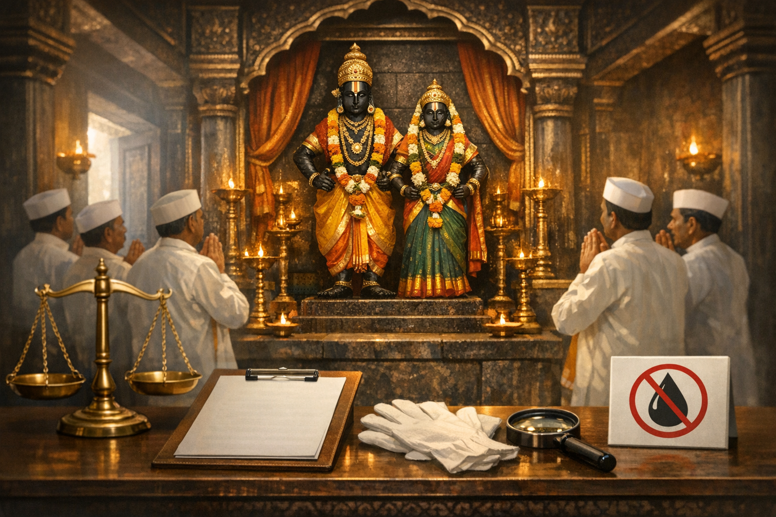 Ornate temple sanctum with two garlanded deities as priests pray; a table shows brass scales, a clipboard, cotton gloves, a magnifier, and a no-oil sign, showing conservation policy and heritage law.