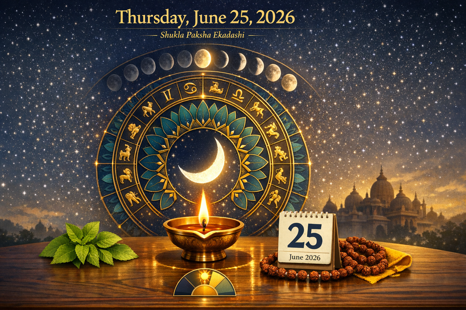 Illustration for Shukla Paksha Ekadashi, June 25, 2026: sky with moon phases and zodiac wheel, crescent moon, lit brass diya, tulsi leaves, rudraksha mala, and distant temple. {post.categories}